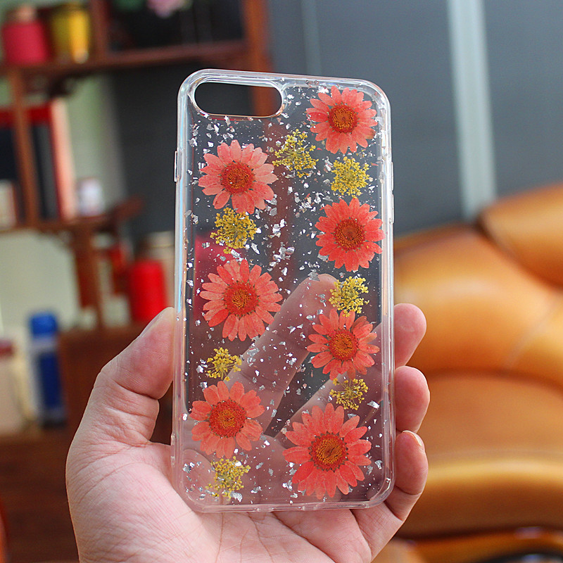아이폰 6 플러스 \/ 7 플러스 \/ 8 플러스를 위해 손으로 만든 내부 꽃과 TPU + PC 윤기 나는 방울 접착제 휴대 전화 케이스